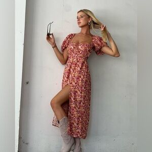 FOR LOVE & LEMONS FELICIA MIDI DRESS Floral Slit Puff Sleeve NWT medium